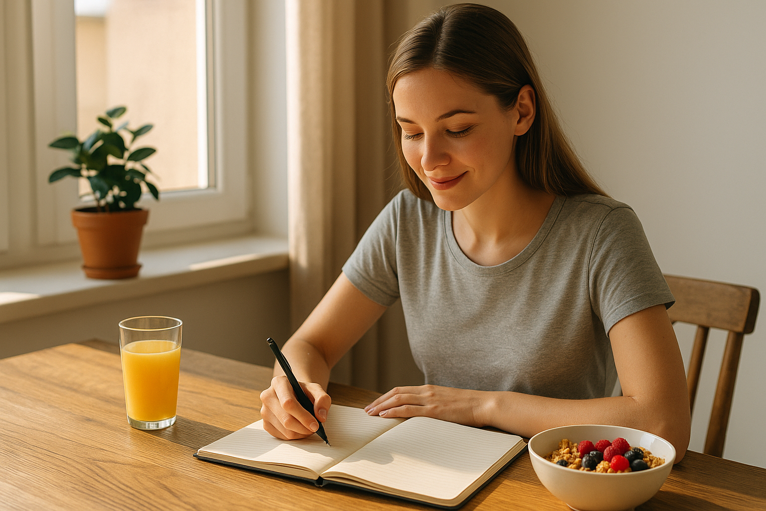 A person following a productive morning routine at home with sunlight, notebook, and a healthy breakfast