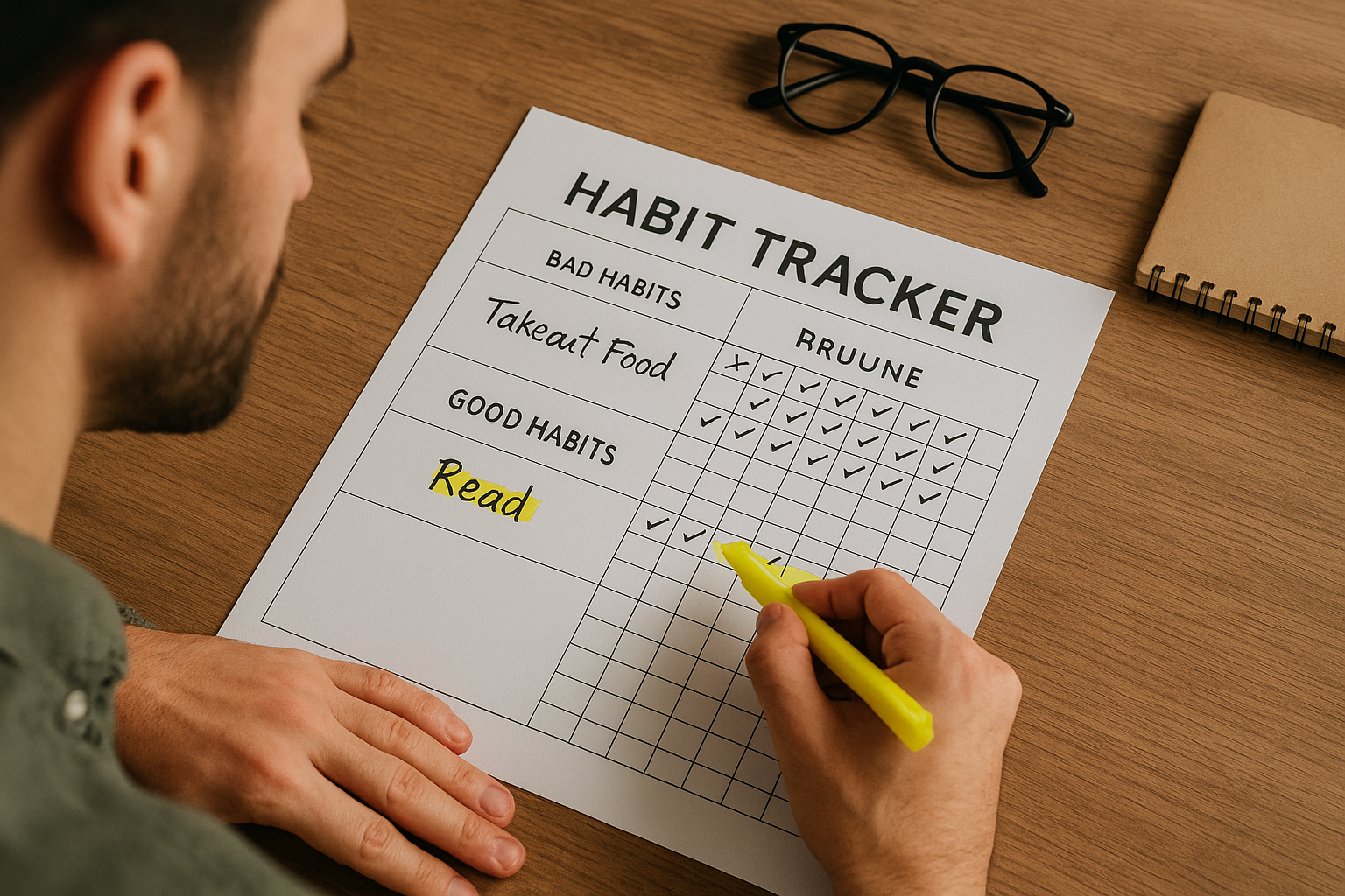 Man crossing out a bad habit on a habit tracker and highlighting a new positive one, symbolizing how to break bad habits and build good ones that stick.
