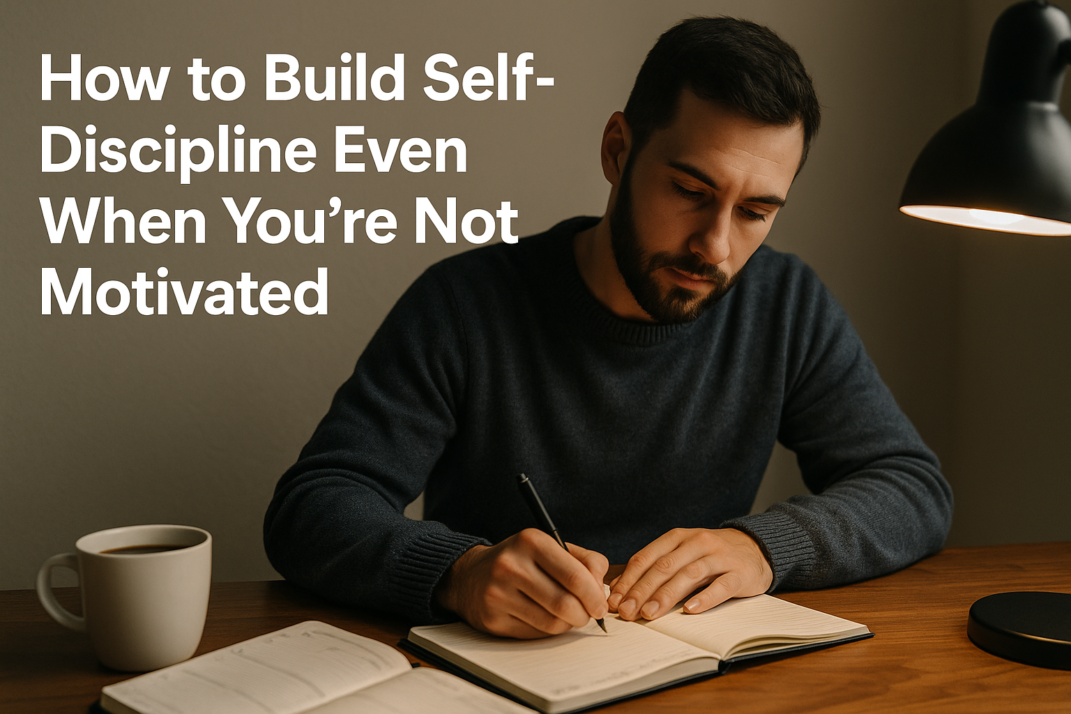 Man writing in a notebook during early morning hours, practicing how to build self-discipline even when not motivated, with coffee and planner on desk