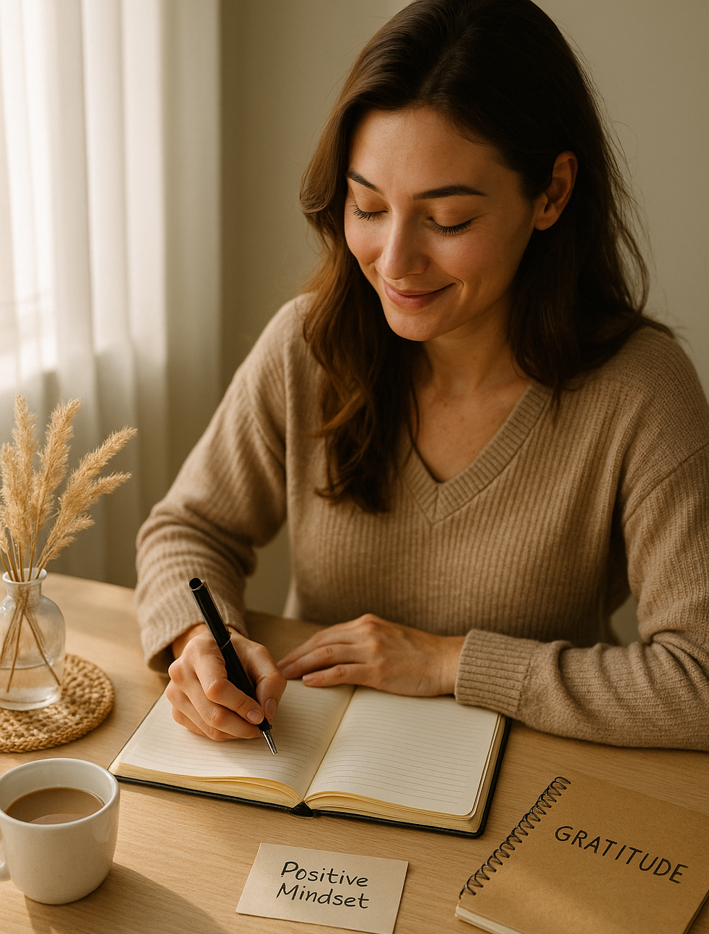 Person practicing gratitude and journaling to build a positive mindset in a cozy morning setting