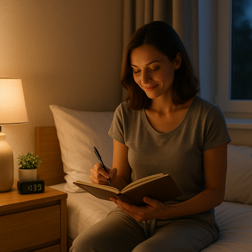 Young woman writing in her journal during an evening routine that actually works, sitting on her bed with soft lighting and a peaceful atmosphere.
