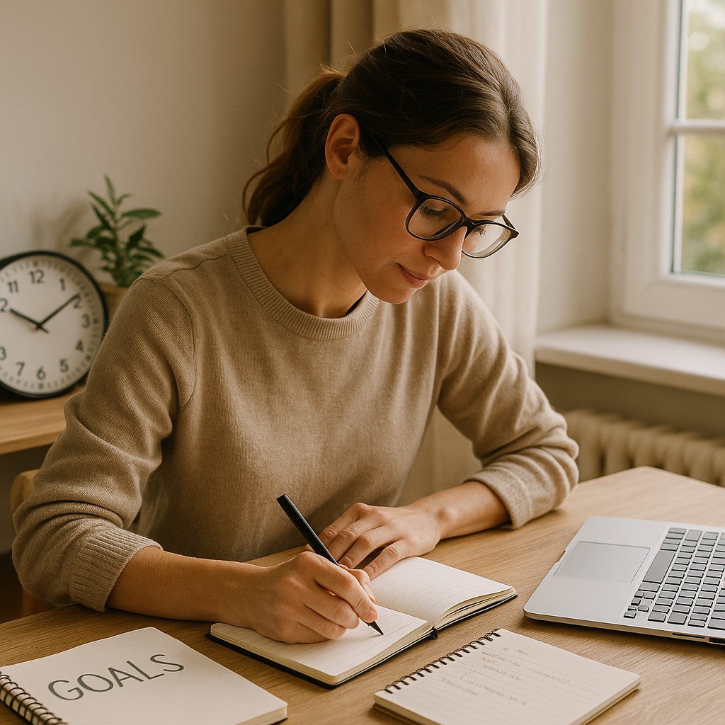 Focused person journaling and creating goals to build self discipline in a peaceful home office