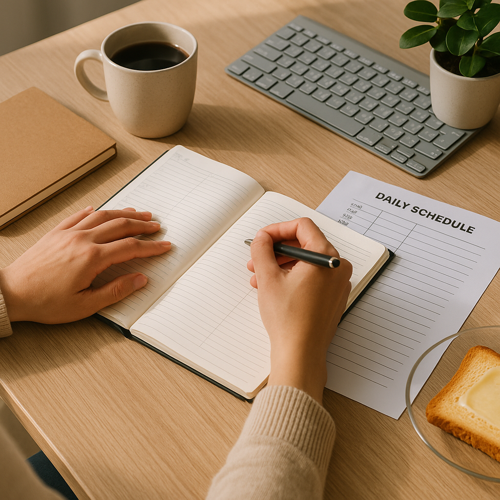 A person using a planner and clock to apply time management tips during a productive morning