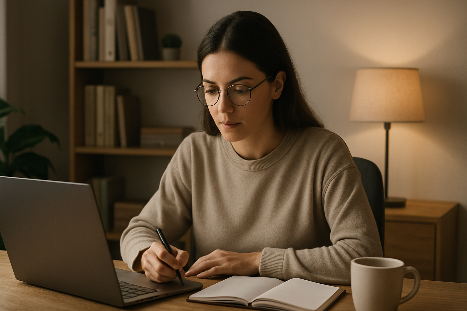 Woman working with deep focus at her desk, using techniques on how to stay focused in a distracted world, surrounded by a calm workspace.