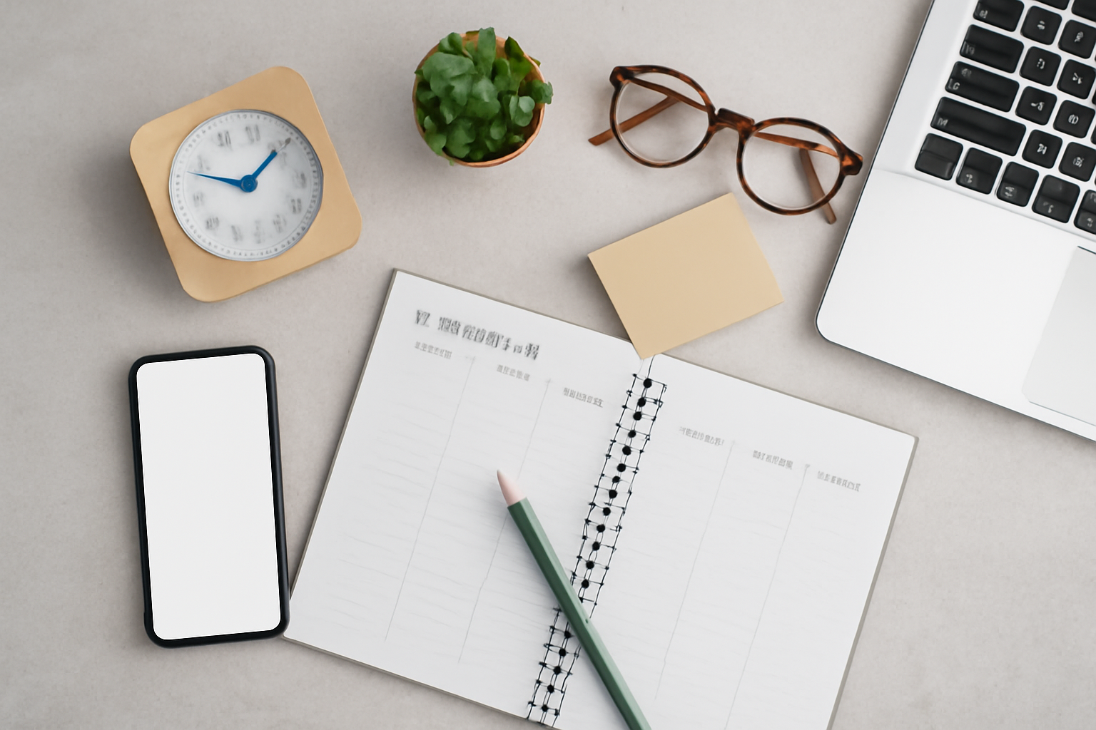 Time management tips for busy individuals with a workspace setup featuring tools for productivity.